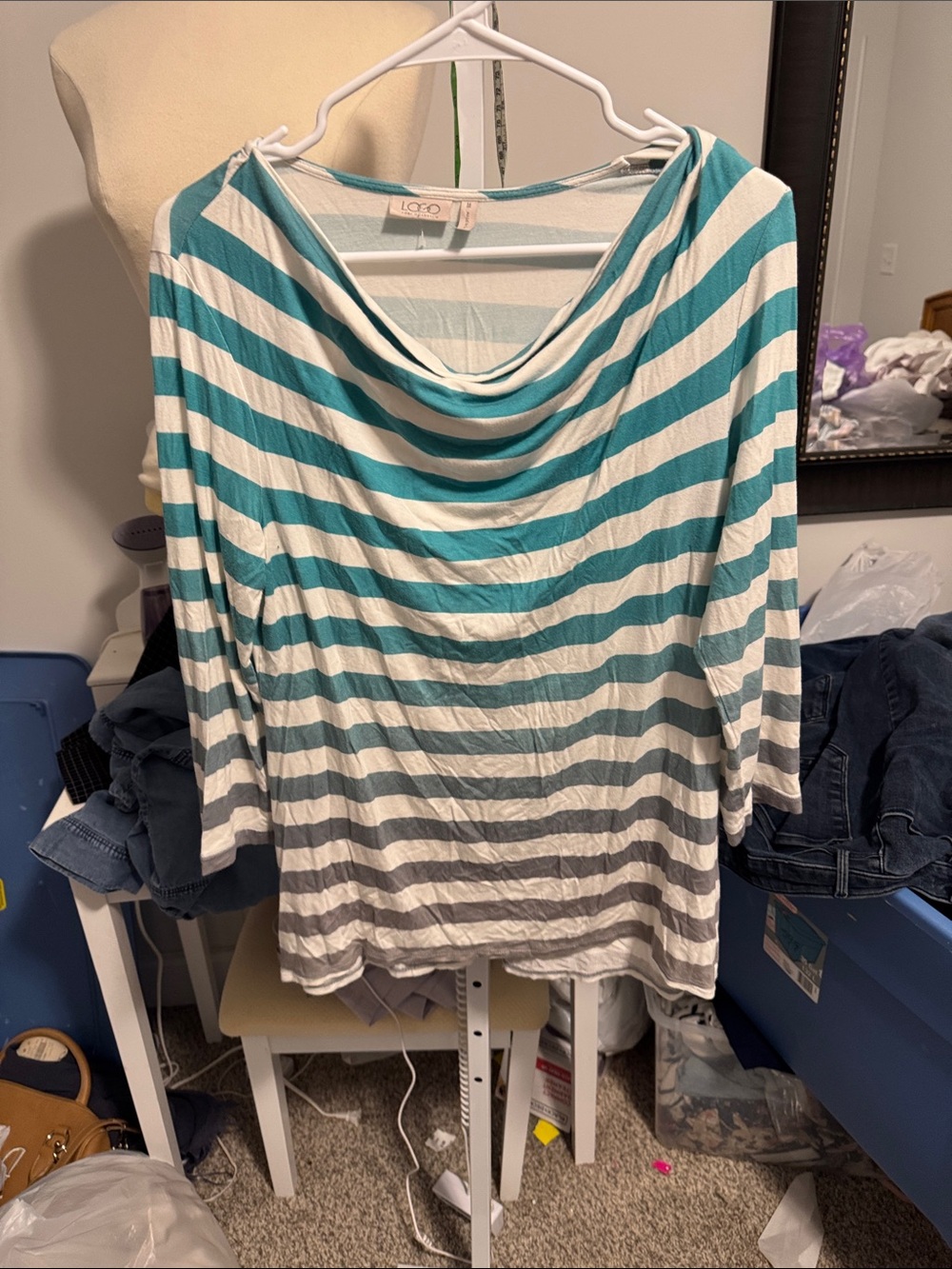 LOGO by Lori Goldstein Teal, White and Gray Striped Cowl-Neck Long Sleeve Top